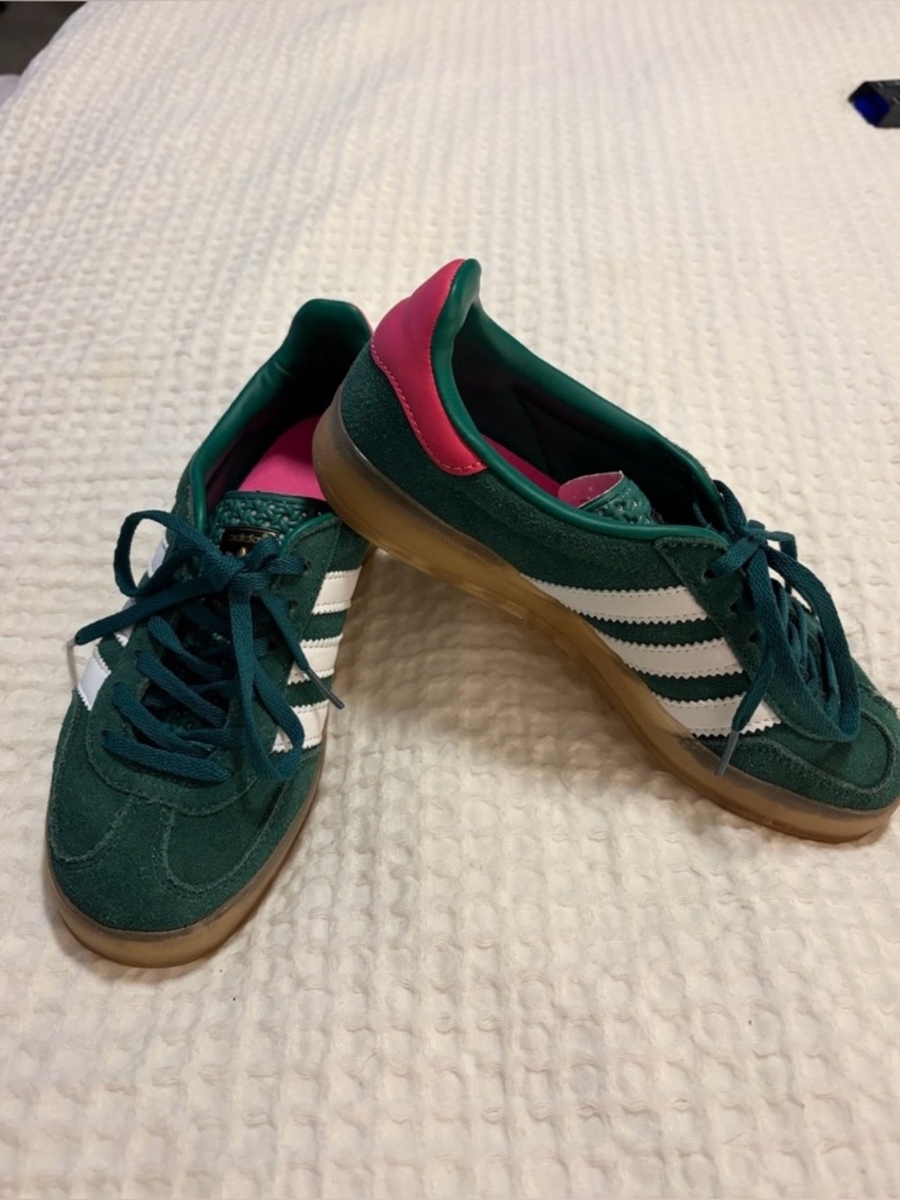 adidas Gazelle Women's Green Suede Sneakers with Pink Heel 💕💚